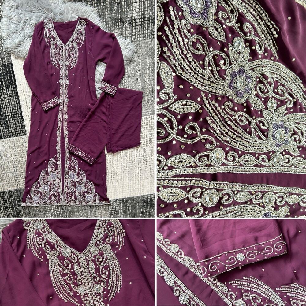 Heavily Beaded Purple Moroccan Dubai Kaftans Farasha Abaya Dress Gown/Scarf Set